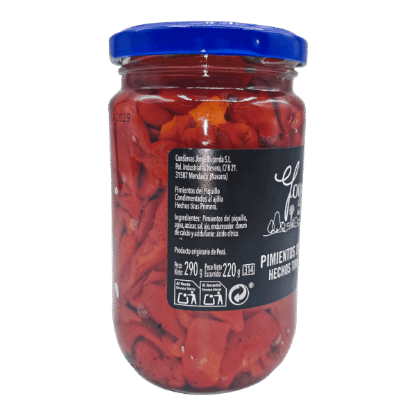 Pimientos del piquillo en tiras al ajillo Joyas del Valle 220gr - Imagen 2